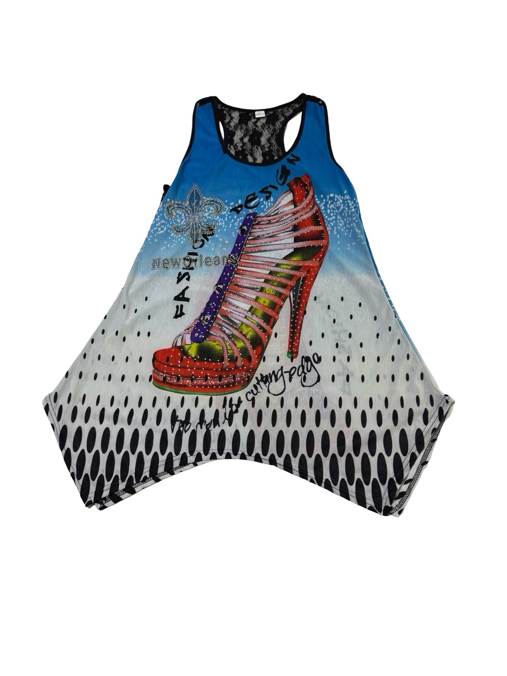 Blue & White Graphic Lace-Back Tank Top with Red Shoe Print